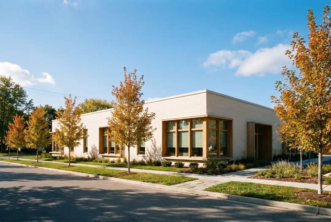 The practice from the street: a single-storey pale-brick medical office set back behind trees on a leafy suburban road