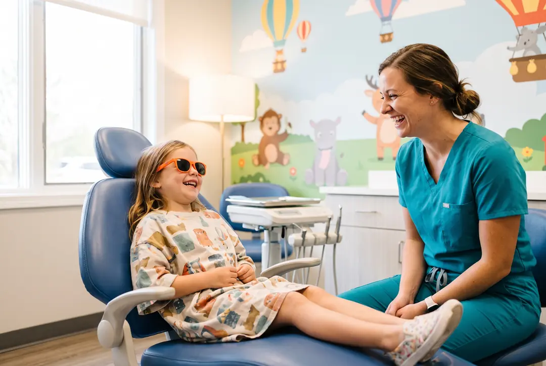 A young girl in bright orange sunglasses laughing with a hygienist kneeling at her eye level beside the dental chair