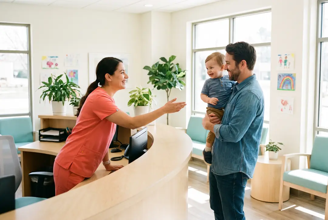 A receptionist in coral scrubs leaning over a rounded low counter to greet a father holding a small boy