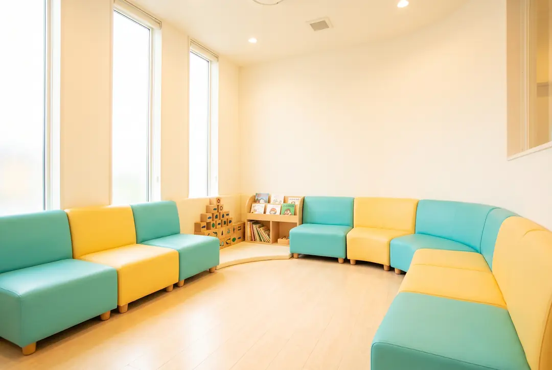 The waiting area: rounded turquoise and yellow bench seating, a low reading nook with wooden blocks and picture books