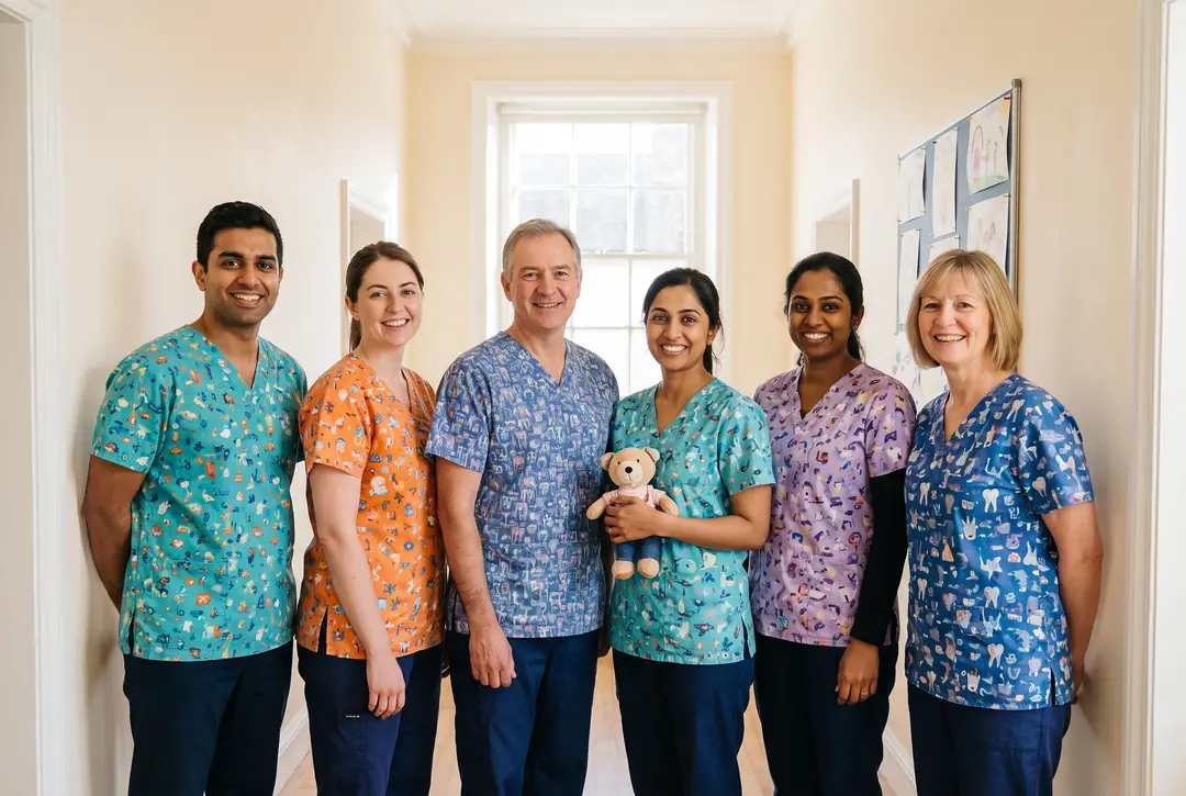 Six members of the Bright Little Dentistry team standing together in a sunlit corridor in brightly patterned scrubs, one of them holding a teddy bear