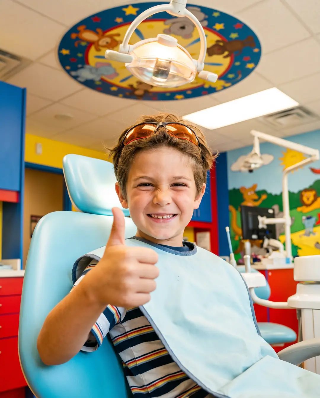 A boy of about eight sitting up in the dental chair after treatment, giving a thumbs up to someone off camera