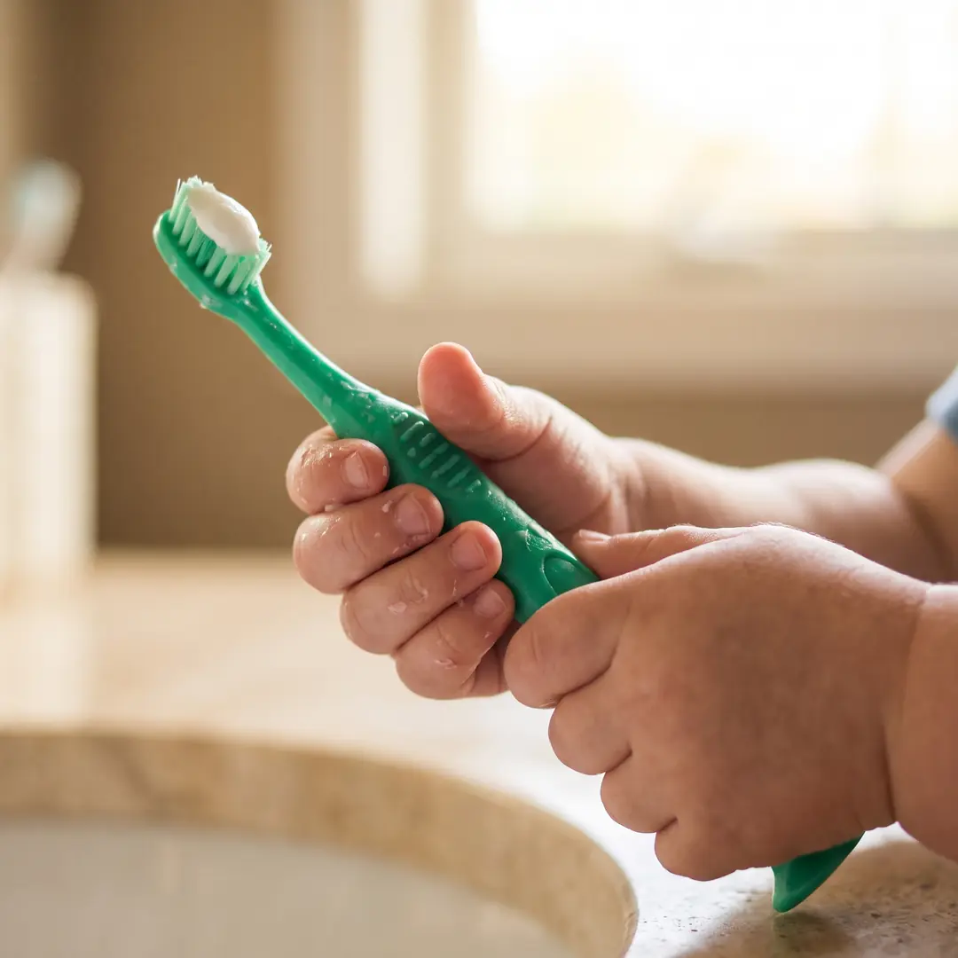 A child's hands holding a small blue toothbrush with a pea-sized amount of toothpaste on the bristles